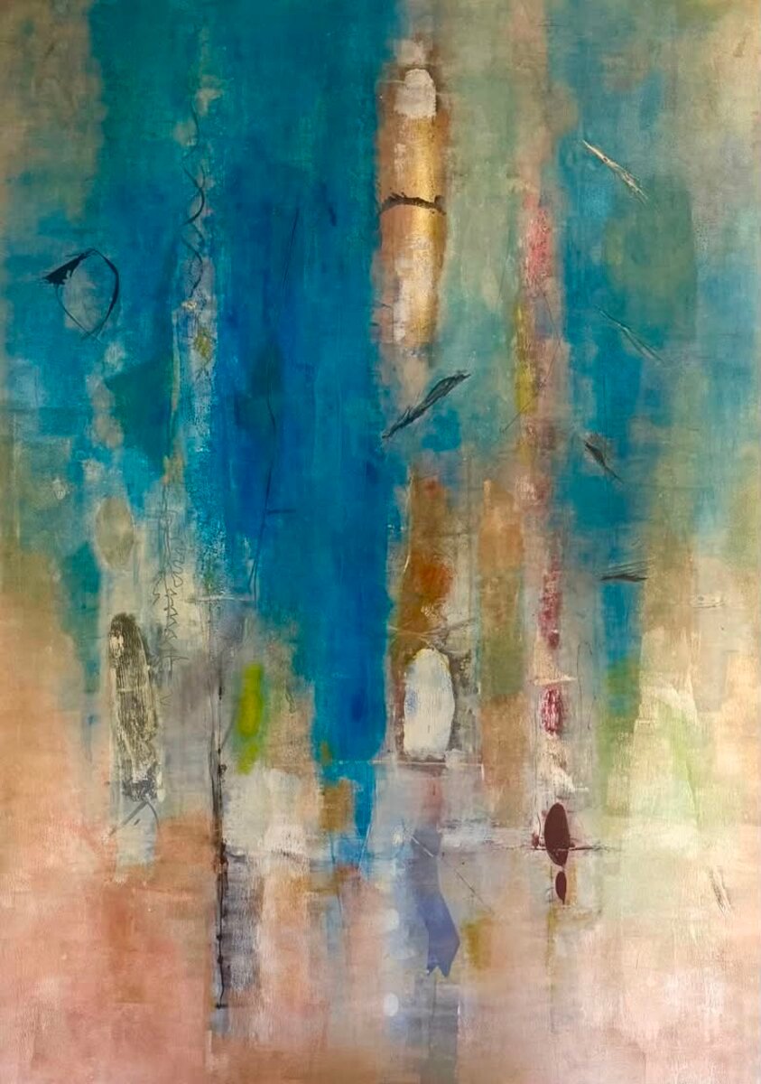 Tracce volanti, 2020, tecnica mista su legno, 155 x 119 cm
